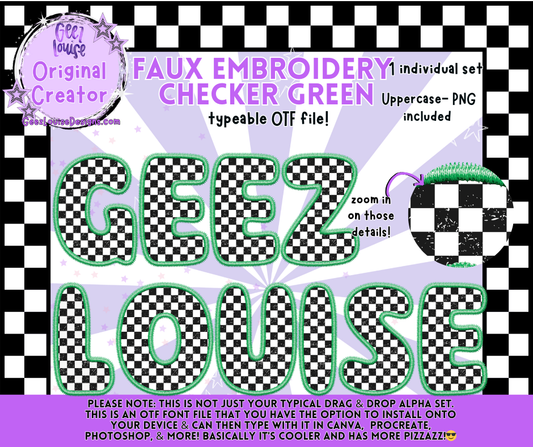 Faux Embroidery Checker Green — Typeable OTF Font + PNG