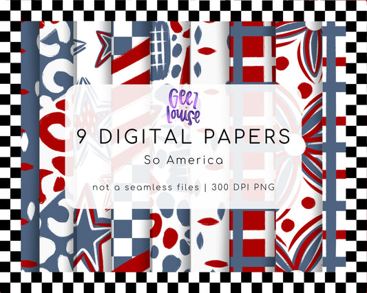 So America Digital Paper Bundle | 9 Patriotic PNG Backgrounds | Red White Blue Papers | 300 DPI