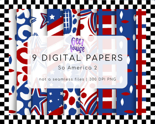 So America 2 Digital Paper Bundle | 9 Patriotic PNG Backgrounds | Red White Blue Papers | 300 DPI