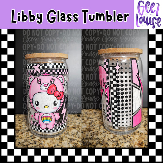 Pink Bear Cartoon Libby Glass Tumbler | 16oz Y2K Kawaii Checkered Glass Cup with Bamboo Lid & Straw