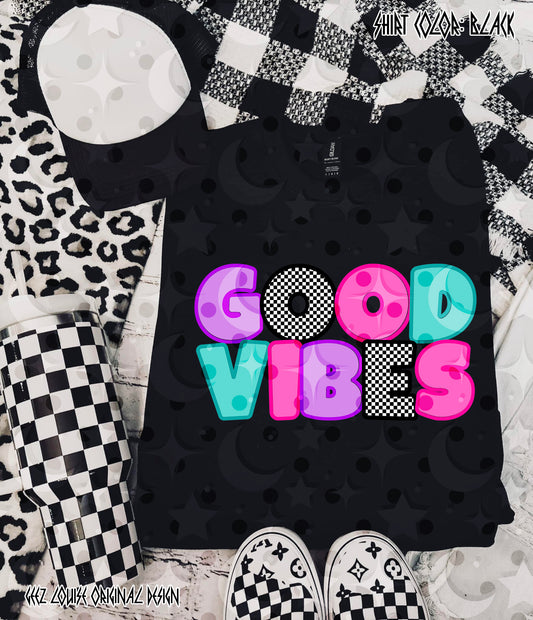 Good Vibes PNG | Retro Neon Bubble Letter Design | Checkerboard Aesthetic | Trendy Sublimation PNG
