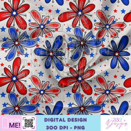 Retro floral patriotic - seamless - Digital Download- PNG