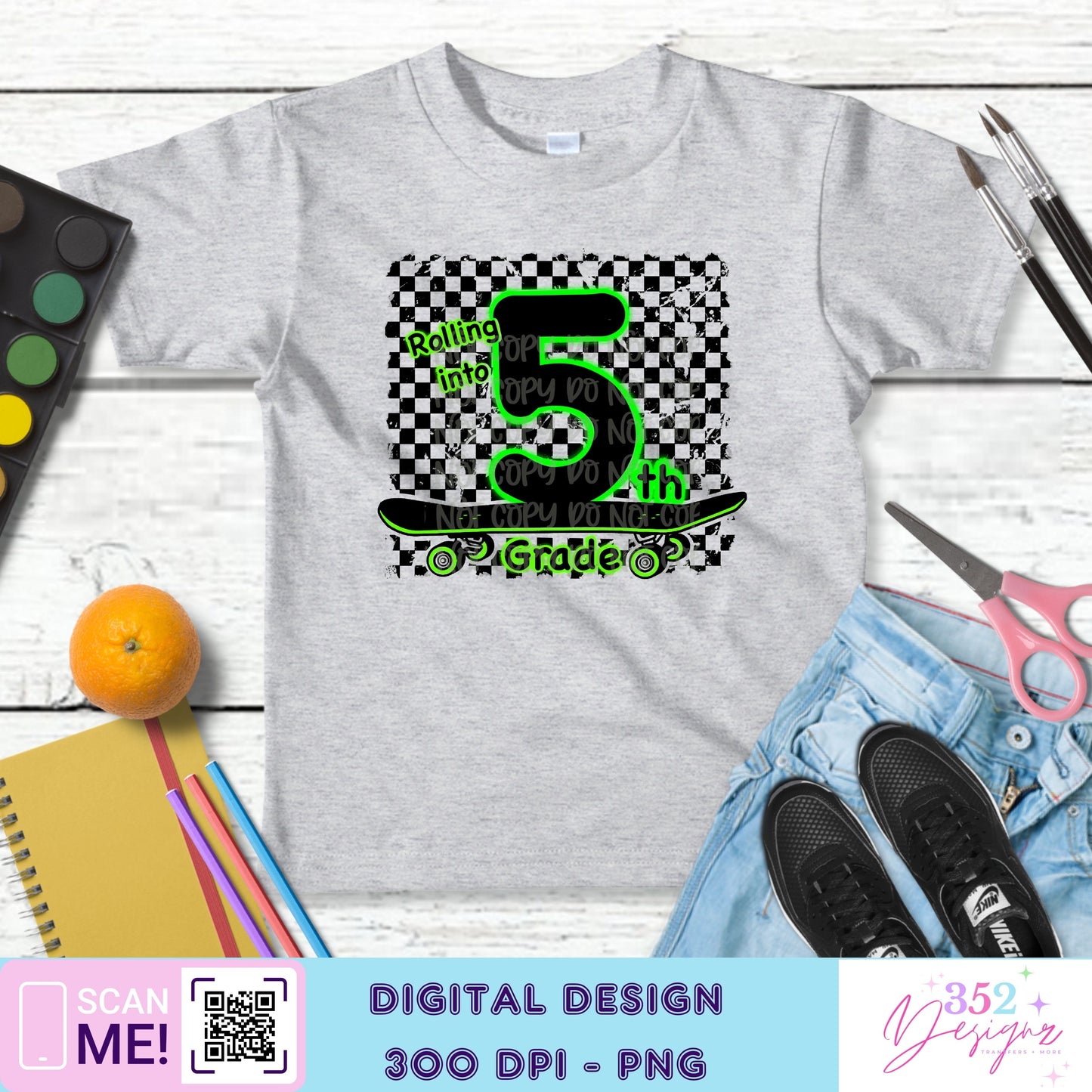 Green neon skateboard back to school grades - Digital Download- PNG