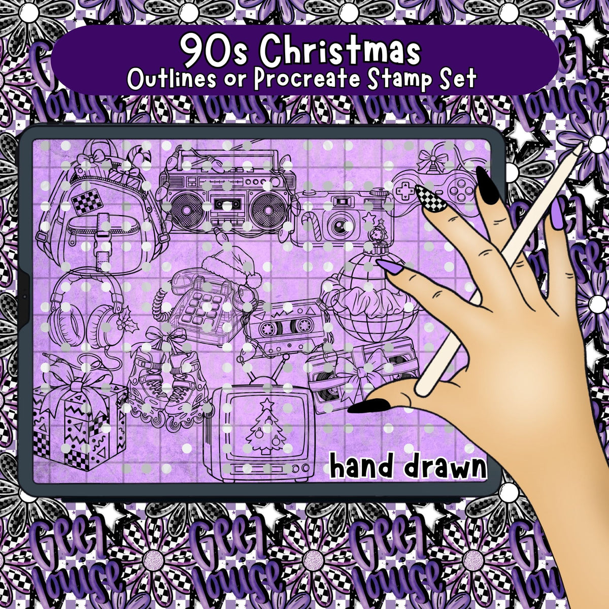90s Christmas Outlines | PNG Line Art or Procreate Stamp Set