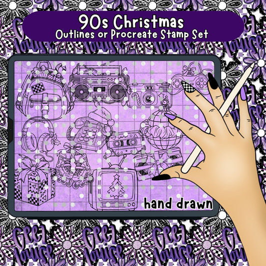 90s Christmas Outlines | PNG Line Art or Procreate Stamp Set