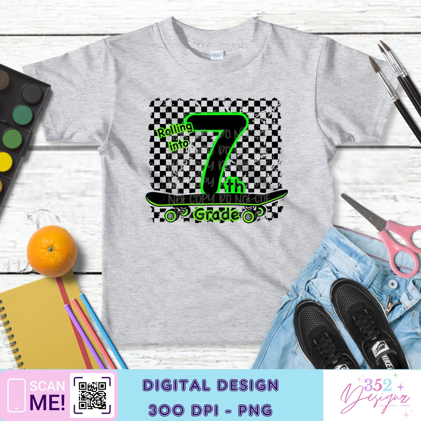 Green neon skateboard back to school grades - Digital Download- PNG