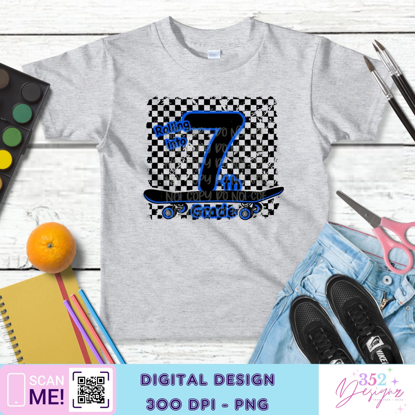 Blue neon skateboard back to school grades - Digital Download- PNG