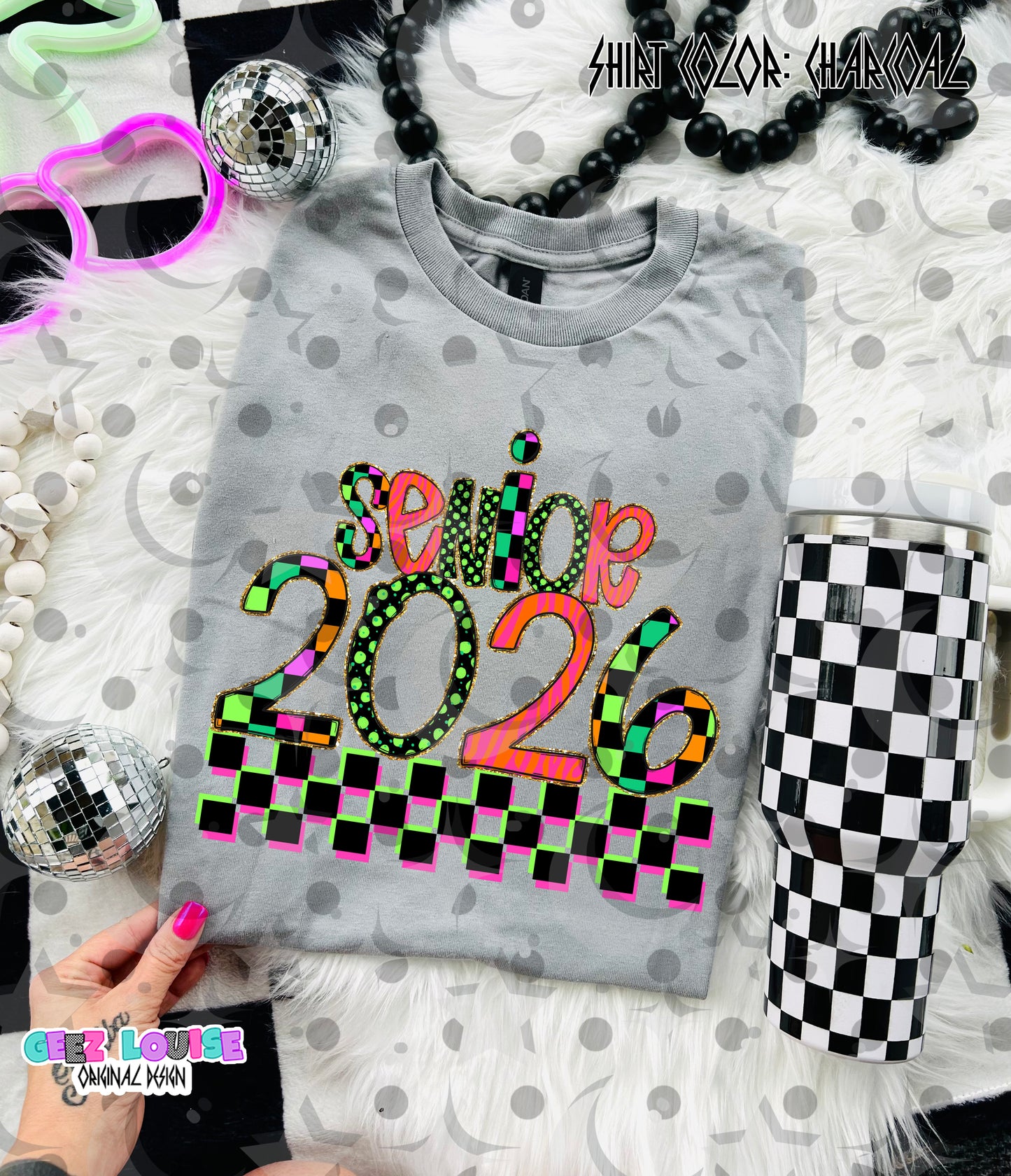 Senior 2026 Neon Grunge Digital Design | Retro Checkered PNG | Senior Shirt Design