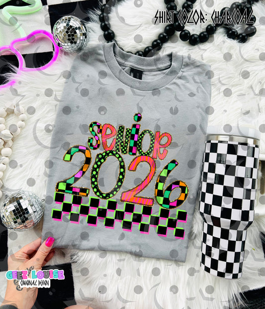 Senior 2026 Neon Grunge Digital Design | Retro Checkered PNG | Senior Shirt Design