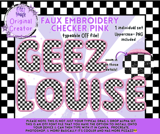 Faux Embroidery Checker Pink OTF Alpha | Typeable Font + PNG Set