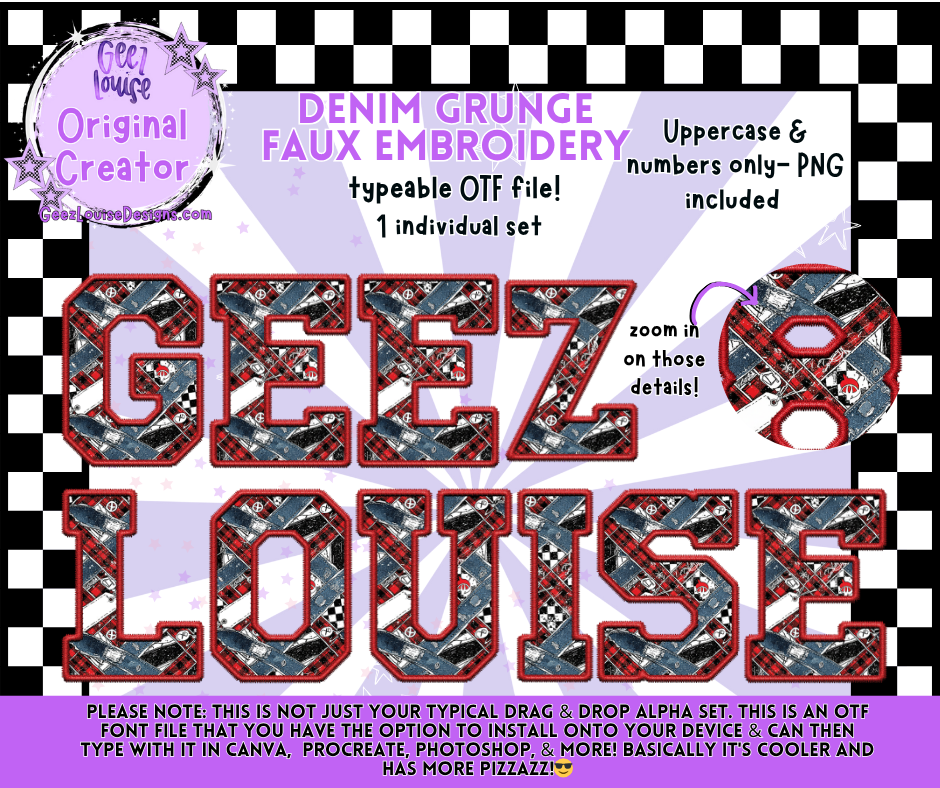 Denim Grunge Faux Embroidery Alpha | OTF Font + PNG Letter Set