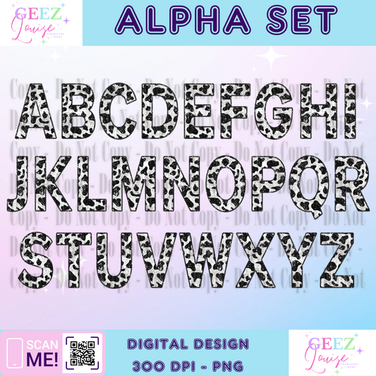 Cow (black and white) sequin faux embroidery alpha set - Digital Download- PNG