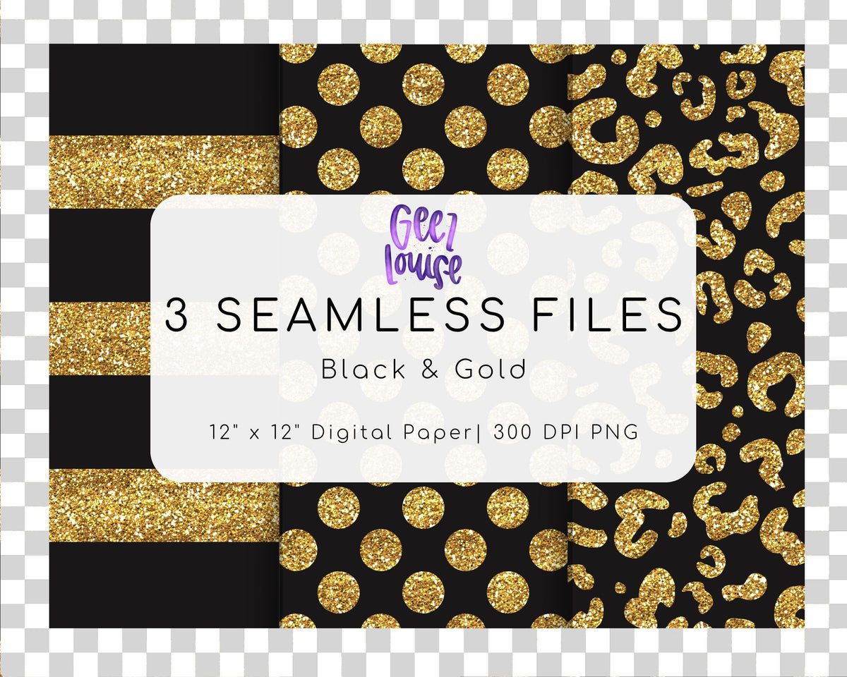 Black & Gold Glitter Seamless Patterns | 3 Digital Papers PNG