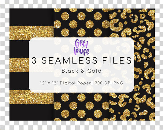 Black & Gold Glitter Seamless Patterns | 3 Digital Papers PNG