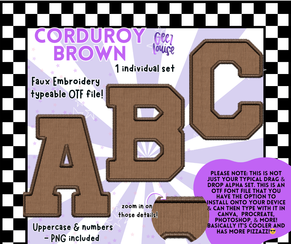 Corduroy Faux Embroidery Alpha – 21 Colors | OTF Font + PNG