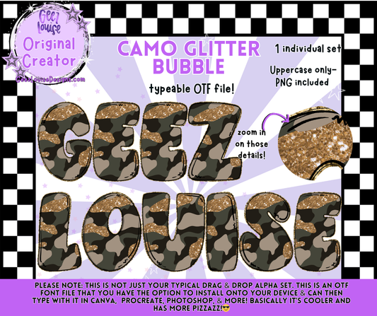 Camo Glitter Bubble Typeable OTF Font + PNG Set