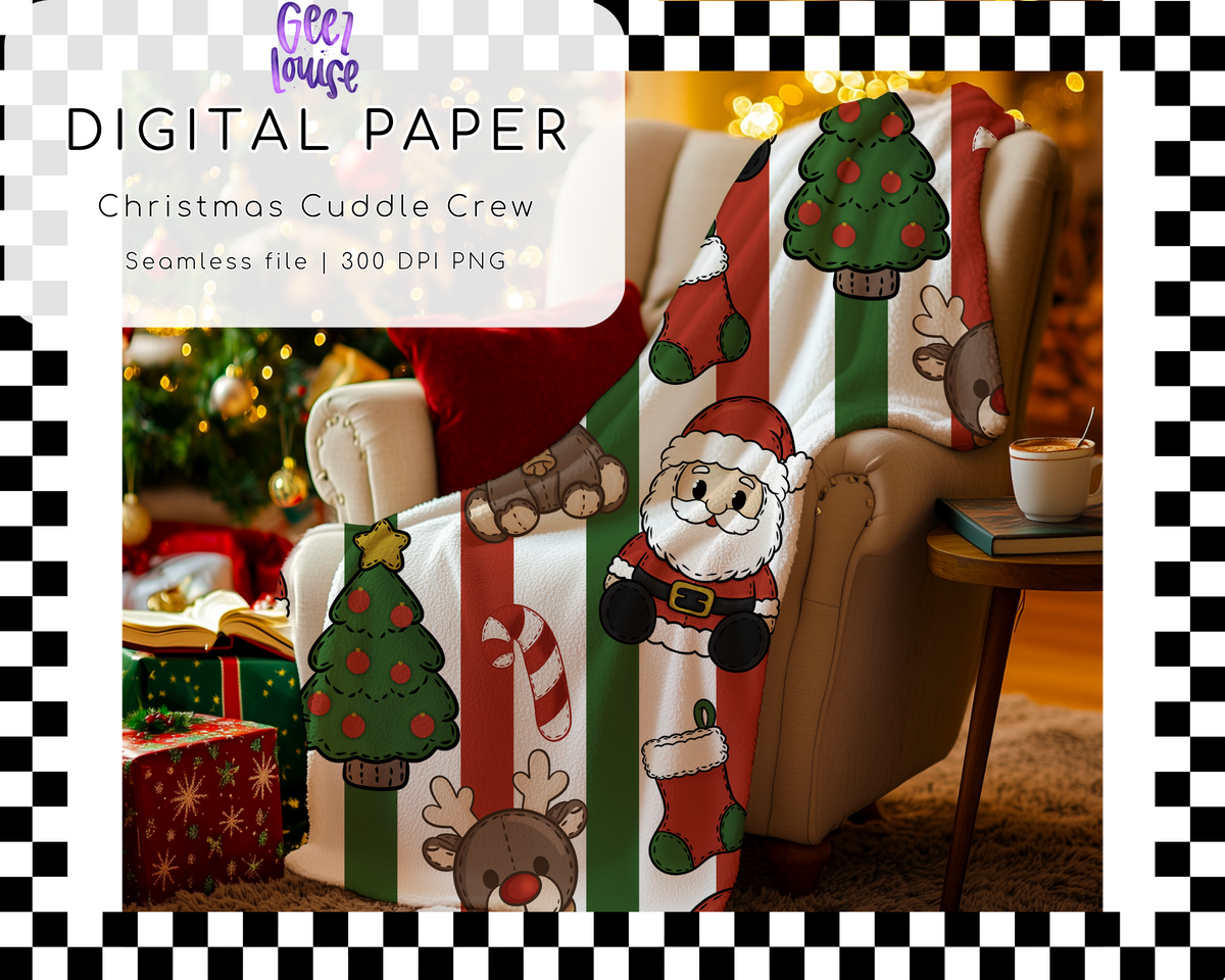 Christmas Cuddle Crew Seamless Pattern | Santa Reindeer Christmas PNG Digital Paper