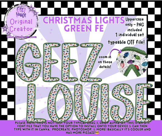 Christmas Lights Green Faux Embroidery Alpha Font | OTF & PNG Letters