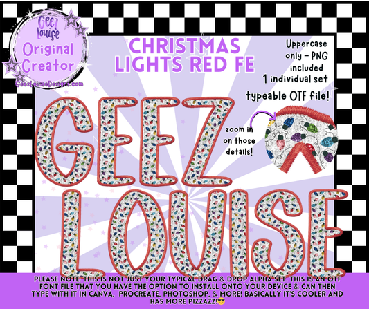 Christmas Lights Red Faux Embroidery Alpha Font | OTF & PNG Letters