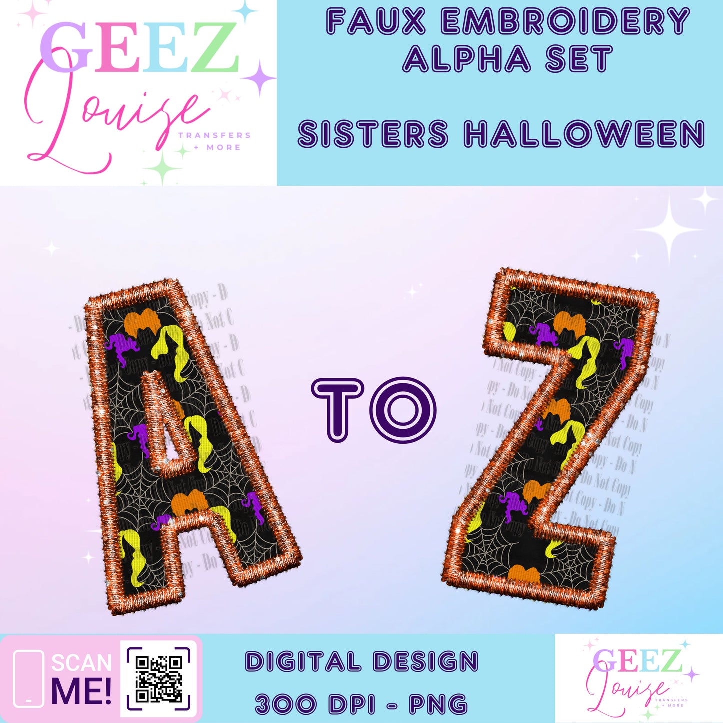 sisters Halloween spiderweb faux embroidery alpha set - Digital Download- PNG