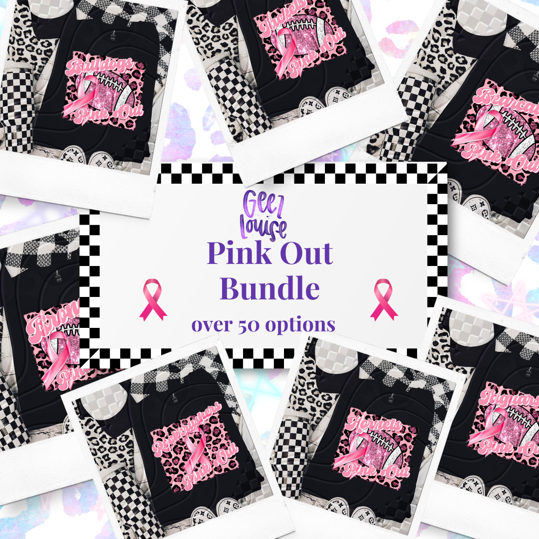 Collage of black t-shirts with pink graphics and text, featuring the 'Pink Out Bundle' by Glee Louise.