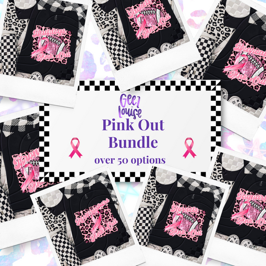 Collage of black t-shirts with pink graphics and text, featuring the 'Pink Out Bundle' by Glee Louise.