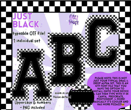 Just Black OTF Alpha Font – Typeable Font with Checkerboard Detail for Digital Designs