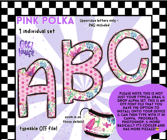 Pink Polka OTF Font + PNG Alpha Set
