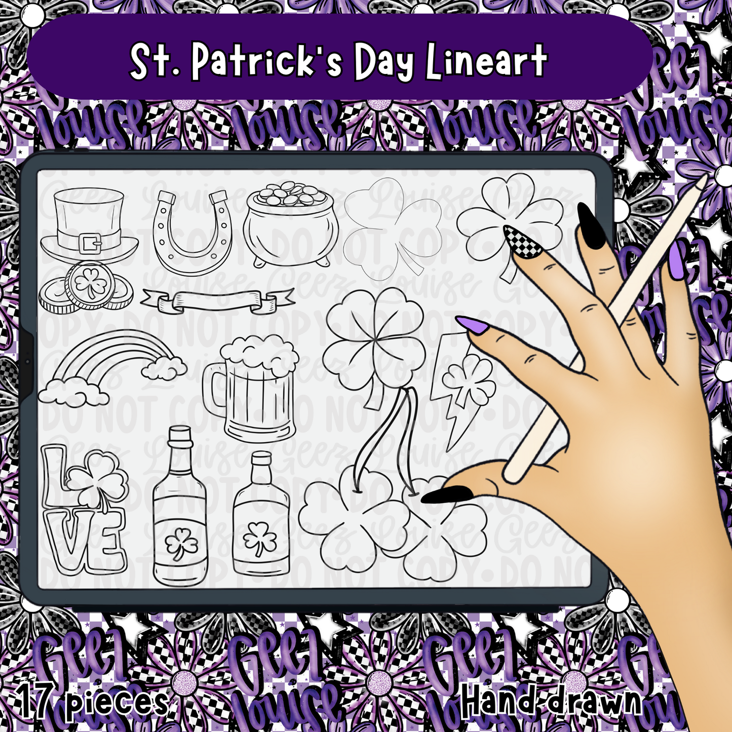 St. Patrick's Day Lineart (Hand-Drawn PNG, Commercial Use, Instant Download)