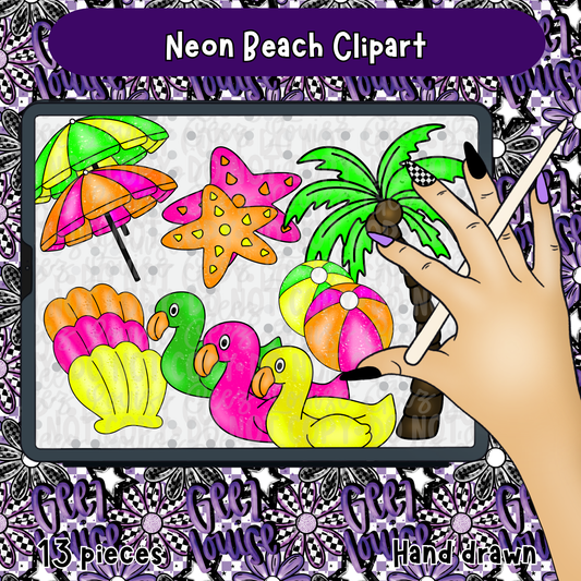 Neon Beach Clipart Set | Hand Drawn | 13 Pieces