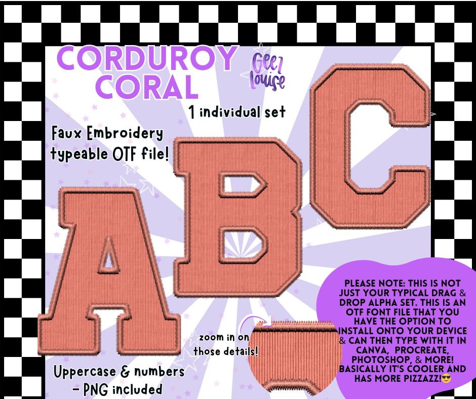 Corduroy Faux Embroidery Alpha – 21 Colors | OTF Font + PNG