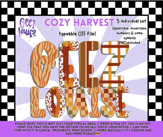Cozy Harvest OTF Font | Fall Pattern Alphabet | Typeable Font & PNG Alpha Set