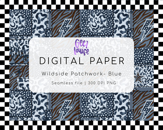 Wildside Patchwork Blue Digital Paper | Seamless PNG | 300 DPI | Grunge Animal Print Design