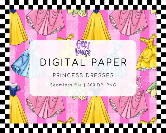 Princess Dresses Seamless Digital Paper | Fairytale Dress Pattern PNG | Pink Princess Digital Paper | 12x12 Seamless Background