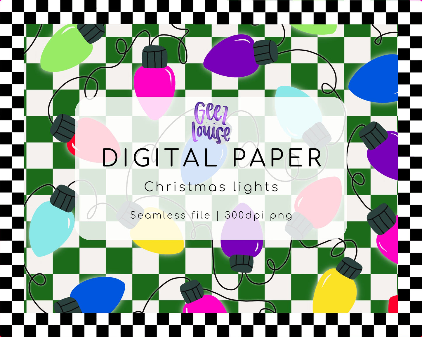 Christmas Lights Digital Paper | Green Checkerboard Seamless PNG