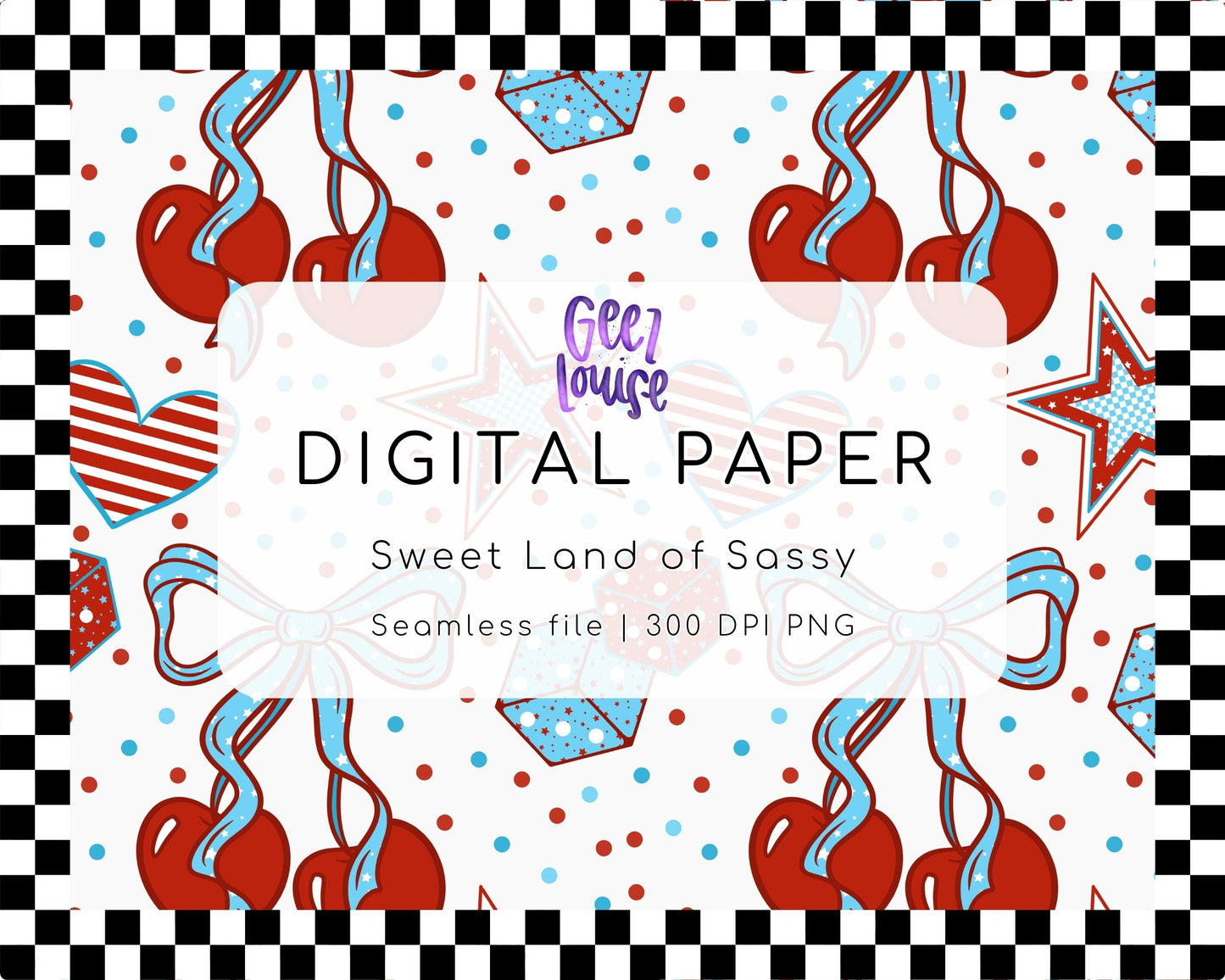 Sweet Land of Sassy Seamless Digital Paper | Patriotic Cherry Bow PNG | 300 DPI Background