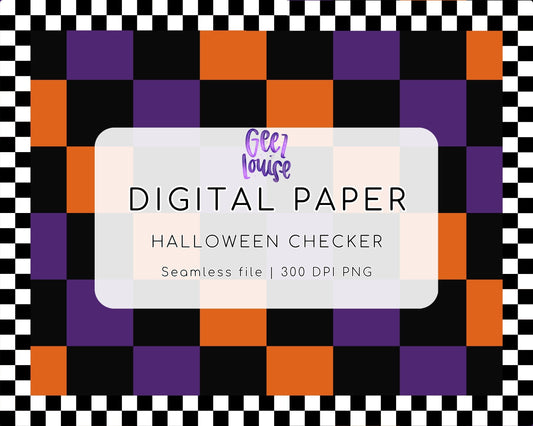 Halloween Checker Seamless Digital Paper | Purple Orange Black Checker PNG Background | 300 DPI