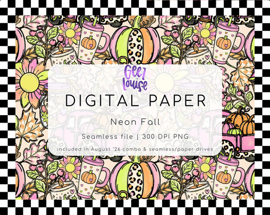 Neon Fall Digital Paper | Seamless Autumn Pumpkin Pattern PNG | Leopard Pumpkin & Cozy Coffee Scrapbook Paper | August '26 Seamless Drive
