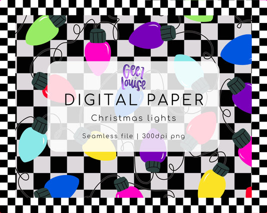 Christmas Lights Digital Paper | Black Checkerboard Seamless PNG