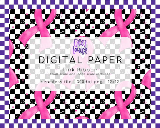 Pink Ribbon Checkerboard Digital Paper – Seamless Awareness Background