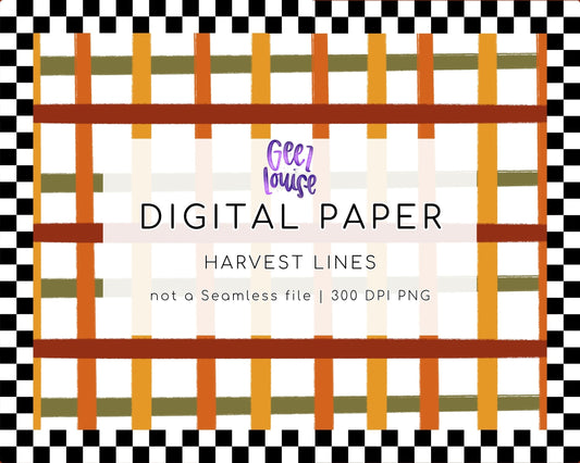 Harvest Lines Digital Paper | Fall Plaid Background PNG | Autumn Orange Gold Green Pattern | 300 DPI