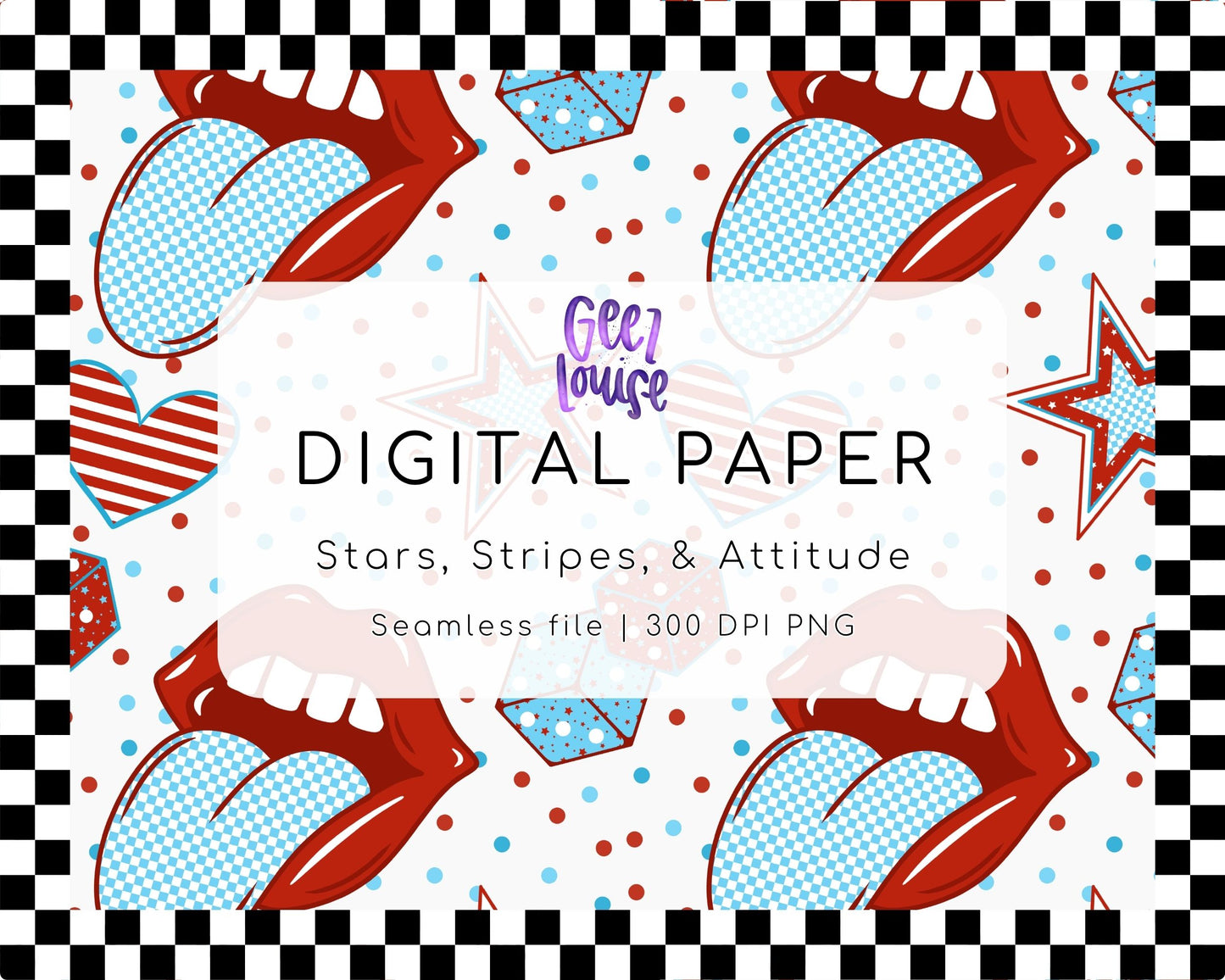 Stars, Stripes & Attitude Seamless Digital Paper | Patriotic Lips PNG | 300 DPI Background