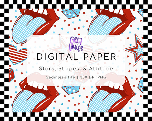Stars, Stripes & Attitude Seamless Digital Paper | Patriotic Lips PNG | 300 DPI Background