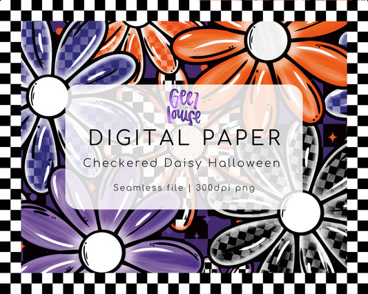 Checkered Daisy Halloween Seamless Pattern | Purple, Orange & Black Digital Paper