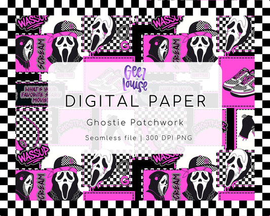 Ghostie Patchwork Digital Paper Pack | Retro Horror Seamless PNG