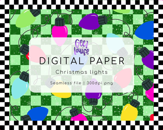 Christmas Lights Digital Paper | Green Plaid Seamless PNG