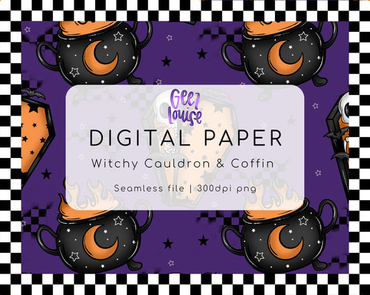Witchy Cauldron & Coffin Halloween Seamless Pattern | Purple & Orange Digital Paper