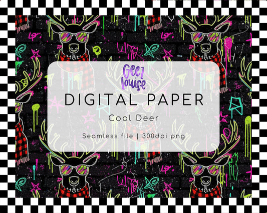 Cool Deer Digital Paper | Neon Graffiti Christmas Seamless Background PNG