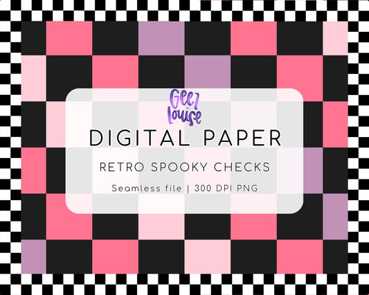 Retro Spooky Checks Digital Paper | Halloween Seamless PNG | Pink Checker Background