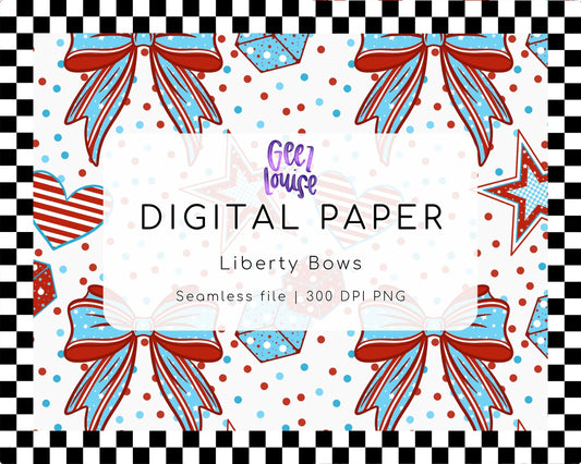 Liberty Bows Seamless Digital Paper | Patriotic Bow PNG | Red White Blue Pattern | 300 DPI